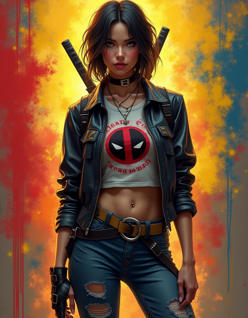 Create an ultra-high-resolution, photorealistic portrait of a stylish woman standing confidently in front of a vibrant, dynamic background.

The woman has dark, tousled hair and striking features. She is dressed in a modern outfit that subtly incorporates elements inspired by both Deadpool and Wolverine. Her outfit can consist of any of the following options, or a combination thereof, with a focus on creativity and unique details:

Option 1: Edgy Streetwear: Distressed jeans or a leather skirt, a graphic tee featuring Deadpool's logo or a stylized Wolverine image, layered with a cropped leather jacket or a bomber jacket. Accessorize with statement jewelry, combat boots, and a backpack with subtle nods to the characters (like a red and black color scheme or metal accents).
Option 2: Casual Chic: High-waisted jeans or a tailored skirt, a silk blouse or a fitted top with rolled-up sleeves, and a stylish blazer or a cropped leather jacket. Incorporate subtle nods to the characters through accessories like a Deadpool-inspired choker or a Wolverine-themed belt.
Option 3: Athleisure: High-performance athletic wear like leggings, a sports bra, and a bomber jacket or a cropped hoodie. Integrate the characters' logos or color schemes into the design, perhaps through bold stripes or graphic prints.
Option 4: Formal with a Twist: A tailored pantsuit or a dress with unexpected details, such as asymmetrical cuts or contrasting textures. Add a touch of Deadpool or Wolverine with unique jewelry, a statement clutch, or shoes featuring subtle character references.
Background: The background explodes with energetic splashes of color – red and yellow for Deadpool, blue and yellow for Wolverine – appearing as graffiti-inspired paint splatters or ink blots, capturing the chaotic energy and action associated with both characters. The background could also incorporate elements reminiscent of their iconic weapons, such as claw marks or bullet holes. In addition, seamlessly integrate typogra