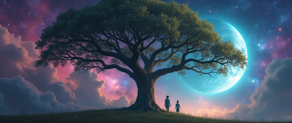Giant tree with many large, spreading branches, multicolored background with galactic atmosphere colorful nebulae and stars huge moon three children