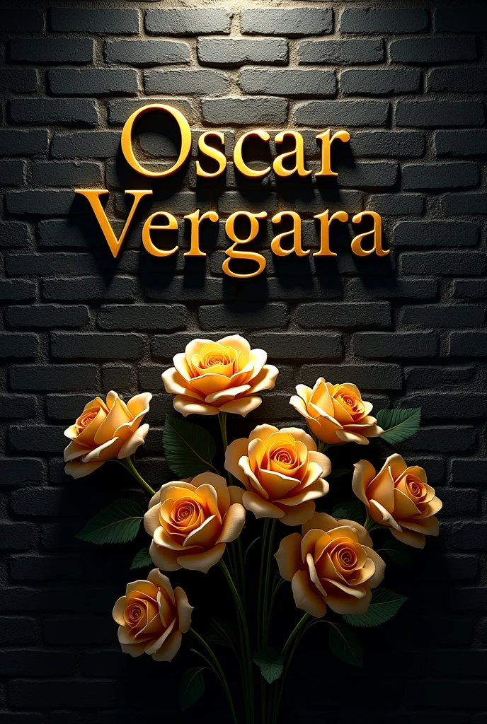 An image with the name Oscar Vergara on a black brick wall and below some golden roses with the name also in gold