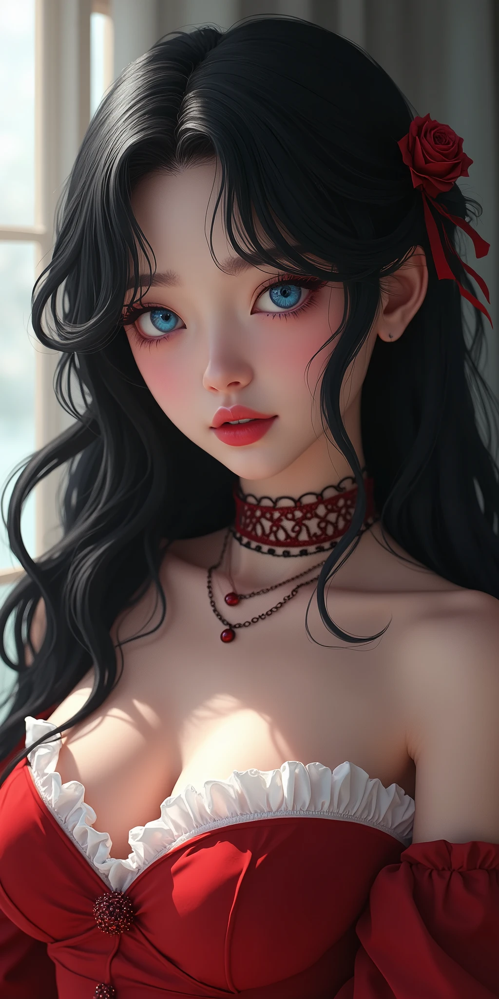 (best quality, ultra-detailed, photorealistic: 1.39), bright and vibrant colors, studio lighting, romantic expression, An effeminate girl, with a delicate and beautiful face. She is a girl who reflects seductive beauty, sparkling eyes, k-pop makeup, k-pop punk style, woman, A Beautiful and adult woman and voluminous black hair, pale skin because she is a k-pop vampire, crying a seductive 2 woman with big breasts seduces, matches the Beautiful makeup, pleasurable sadistic expression, with her large breasts seduces, k-pop crimson red dress, with white tones in the fabric, high collar, k-pop goddess, makeup, chained, with her blue eyes that matches her sadistic smile, in a beautiful pose demonstrating her seduction In an enchanted forest, full of magic, her cute pose makes her seduction evident, combined with her seductive look, oozing sensuality, with soft lighting, anime style, like a manwha character