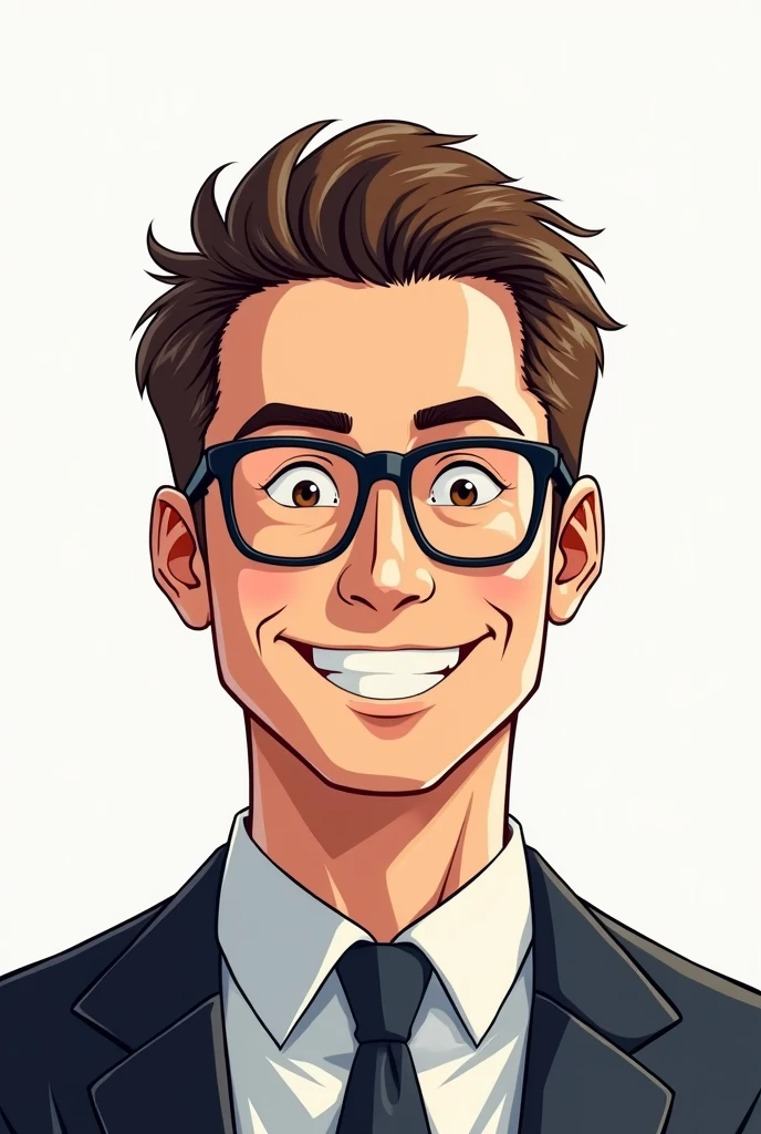Style manga, une homme de 38 ans, BCBG, blanc, visage rectangulaire, cheveux chatains courts et rasés sur les côtés. Lunettes rectangle noires. Il sourit