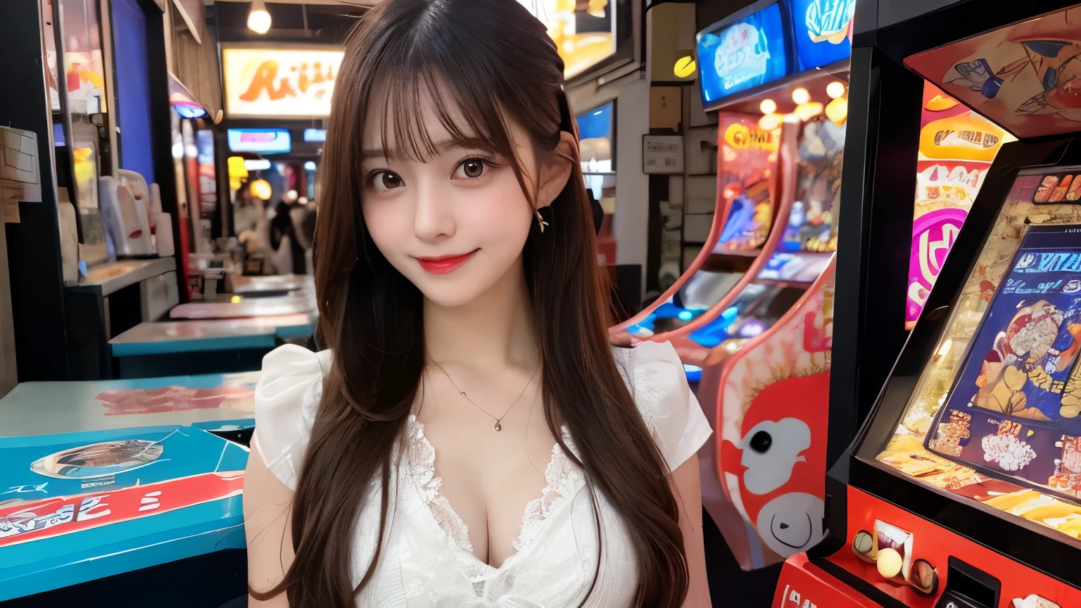 Highest quality, figure, Super detailed, In detail, High resolution, 8k wallpaper, Perfect dynamic composition, Beautiful attention to detail, Medium chest, Natural color lip, Random sexy poses,smile,、1 girl、Beaver,Long Hairstyles,Arcade,UFO Catcher