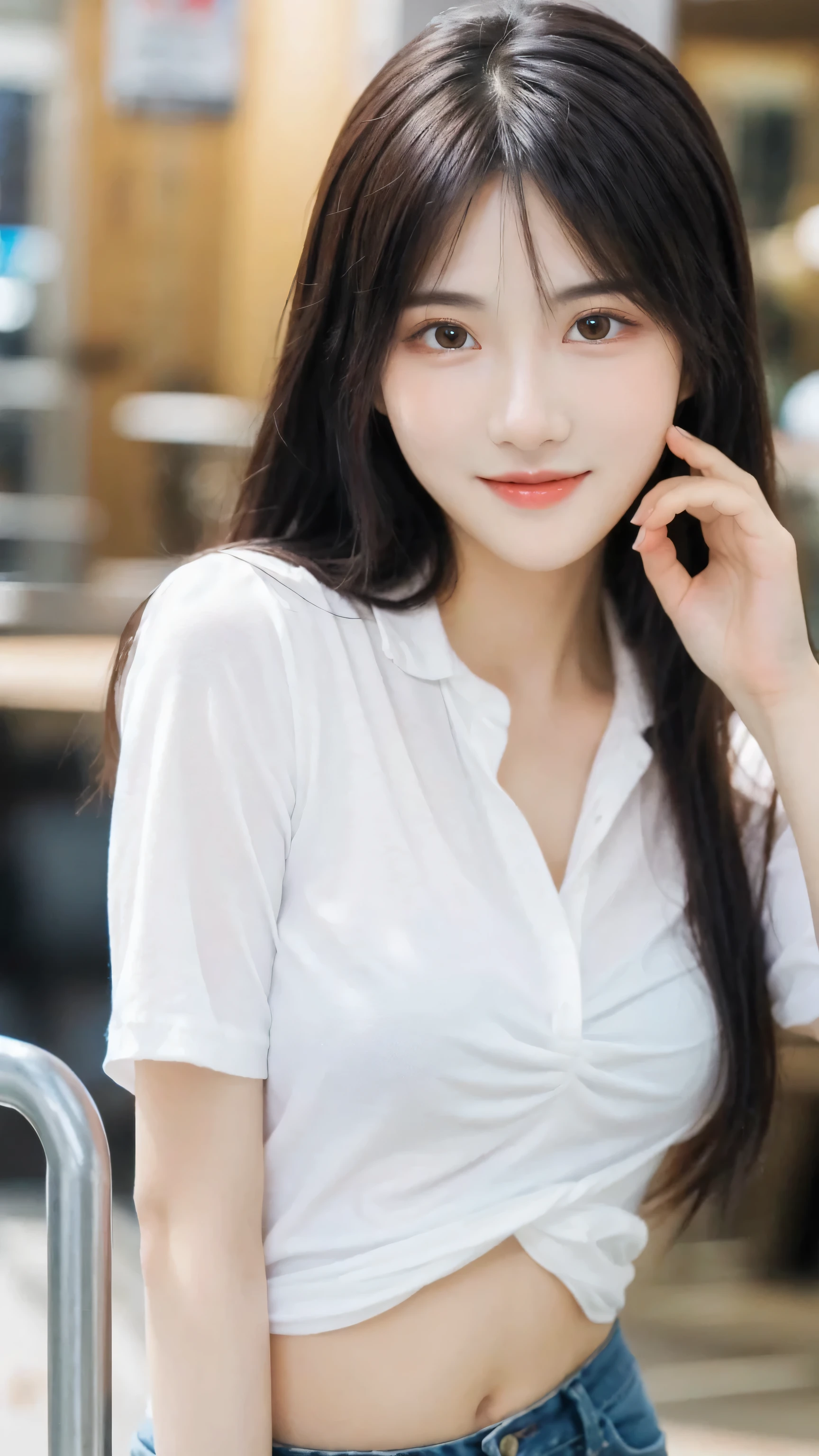 (8k, RAW Photo, Best Quality, Masterpiece:1.2), table top, Ultra Detail, Super Resolution, (Realistic, Realistic Photo:1.37), Portrait, High Detail RAW Color Photo, Professional Photo, Extremely Detailed and Beautiful, Extremely detailed, 8k wallpaper, amazing and detailed, huge file size, official art, highly detailed CG unity 8k wallpaper, highly detailed beautiful girl, highly detailed face, highly detailed eyes, highly detailed skin, highly detailed fingers, highly detailed nose, very detailed detailed mouth , perfect anatomy, highly detailed background, highly detailed clothes, 1girl, 1 girl, cute girl, realistic body, fair skin, glowing skin , slim body, handsome body, black hair , semilong hair, (blunt bangs:1.2), smile, cute, youthful, cute face, realistic face, delicate eyes, drooping eyes, looking at viewer, facing front, standing posture, Contraposto, (medium chest), (Perfect Body Proportions), (slender Body Proportions), super sexy pose, (white shirt), (jeans pants), (authentic bar),