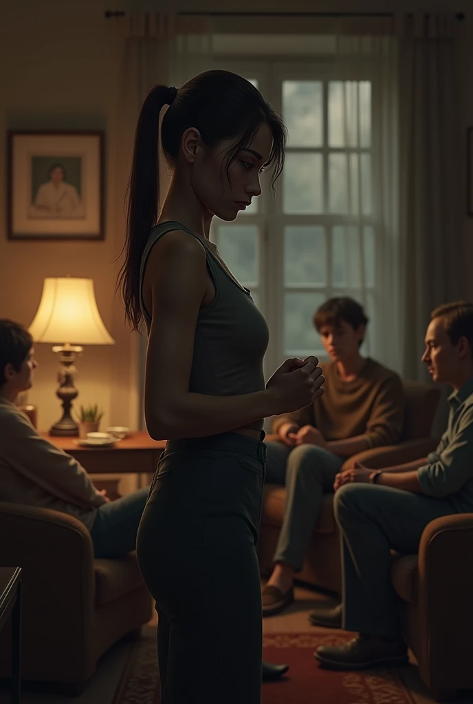 Use the same image of Sara, Sara gets up and leaves the room while everyone else continues talking.. In your face, a mixture of resignation and sadness