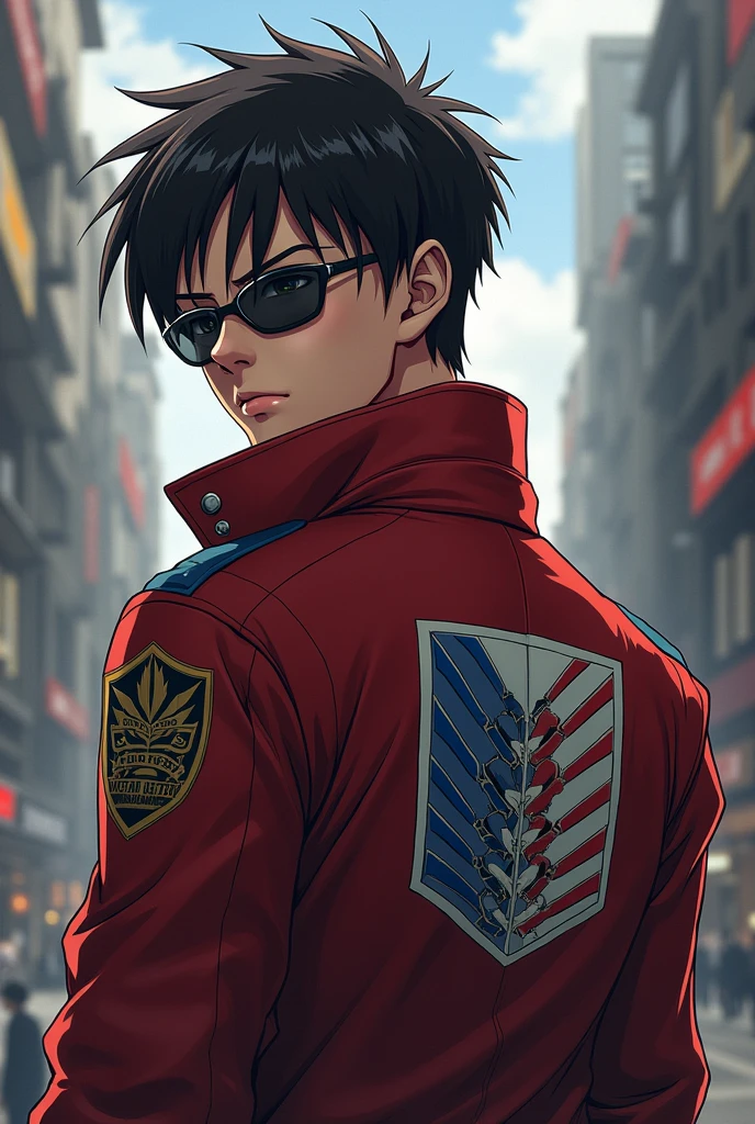 Anime guy wearing sunglasses and attack on Titan Jacket