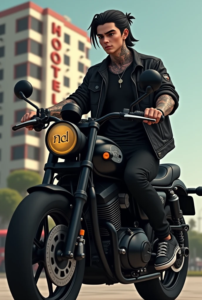 a boy driving his black bike, in front of a hotel holding his black helmet in his hand, the boy is wearing black Jacket and black T-shirt and black pants and black ankle length shoes, and his one arm is full of tattoos and on the left side of the helmet, there's a beautiful and small sign engraved in Golden colour, which is made up with initial 'N' and 'D'. the boy is handsome, and has a half hair's pony, a realistic image.