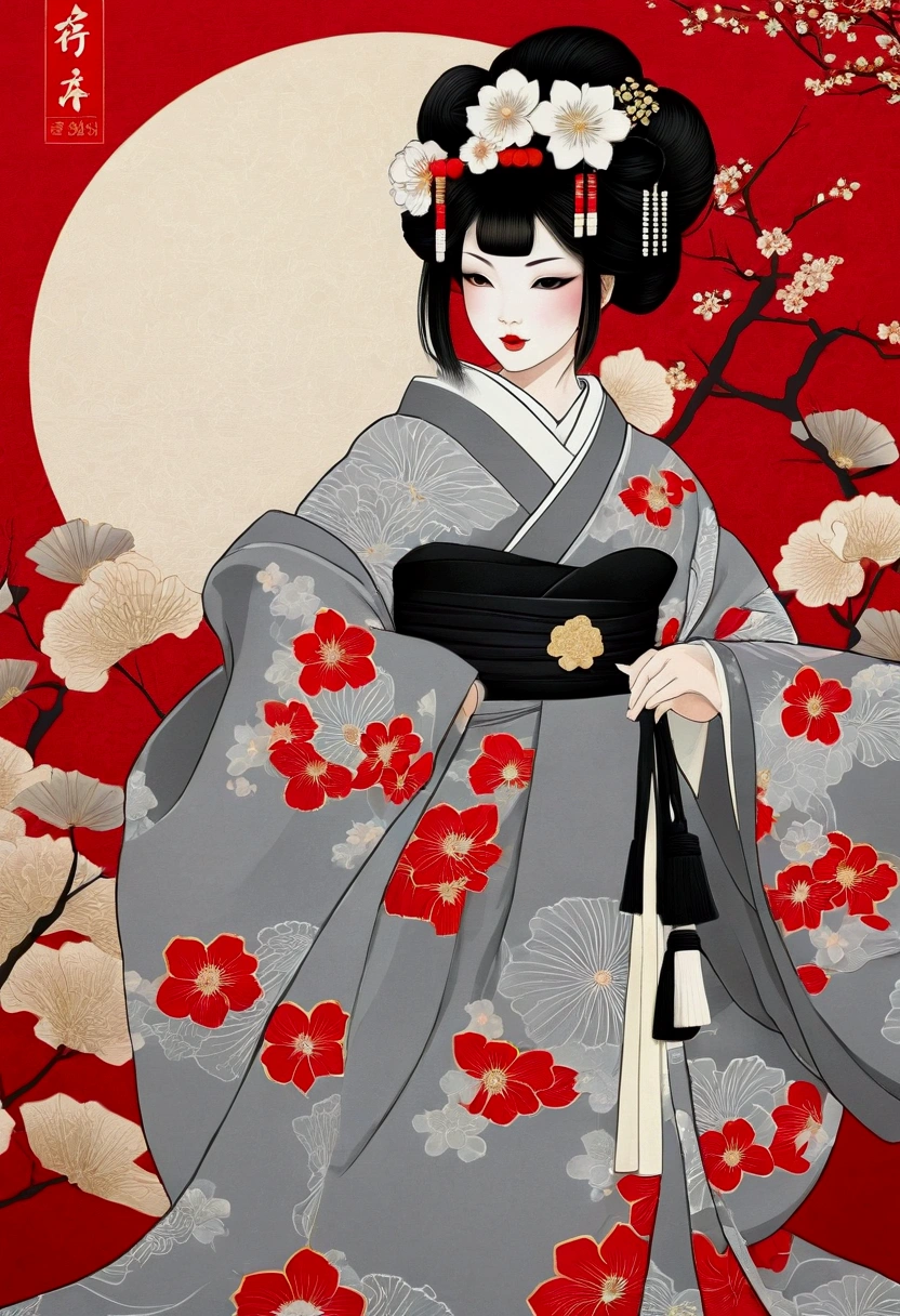 oiran, Beauty, Delicious Company, A captivating sight, Wearing a sexy open kimono. The work is created in a medium reminiscent of Japanese ink painting.。Monochromatic color palette. artist'Stunning technique gives the image strength and power'Presence,Highest quality, Ultra-high resolution captures every detail. The texture and intricate patterns of the kimono are expressed with extreme precision.. Lighting is carefully designed,Enhance the drama, Deep shadows and subtle highlights. This piece exudes elegance and strength., A fusion of traditional Japanese aesthetics and modern sensibilities. Monochromatic color palette, Putting the details together, Captivate viewers、Create an immersive experience.Black kimono、sexly、The kimono is open、I can see the valley、I can see your thighs