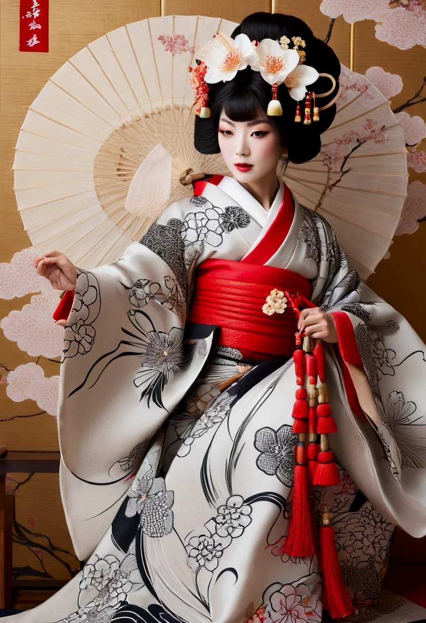 oiran, Beauty, Delicious Company, A captivating sight, Wearing a sexy open kimono. The work is created in a medium reminiscent of Japanese ink painting.。Monochromatic color palette. artist'Stunning technique gives the image strength and power'Presence,Highest quality, Ultra-high resolution captures every detail. The texture and intricate patterns of the kimono are expressed with extreme precision.. Lighting is carefully designed,Enhance the drama, Deep shadows and subtle highlights. This piece exudes elegance and strength., A fusion of traditional Japanese aesthetics and modern sensibilities. Monochromatic color palette, Putting the details together, Captivate viewers、Create an immersive experience.Black kimono、sexly、The kimono is open、I can see the valley、I can see your thighs