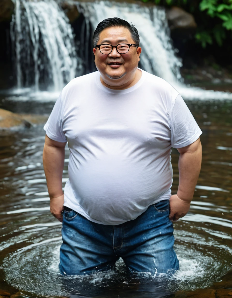 Man, Asian, 50 years old, Fat, Chubby, wearing glasses, a thin round neck white T-shirt, wearing Jeans, swimming in water, waterfall, wet in the water, stained.