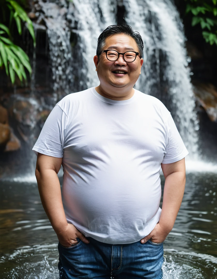 Man, Asian, 50 years old, Fat, Chubby, wearing glasses, a thin round neck white T-shirt, wearing Jeans, swimming in water, waterfall, wet in the water, stained.