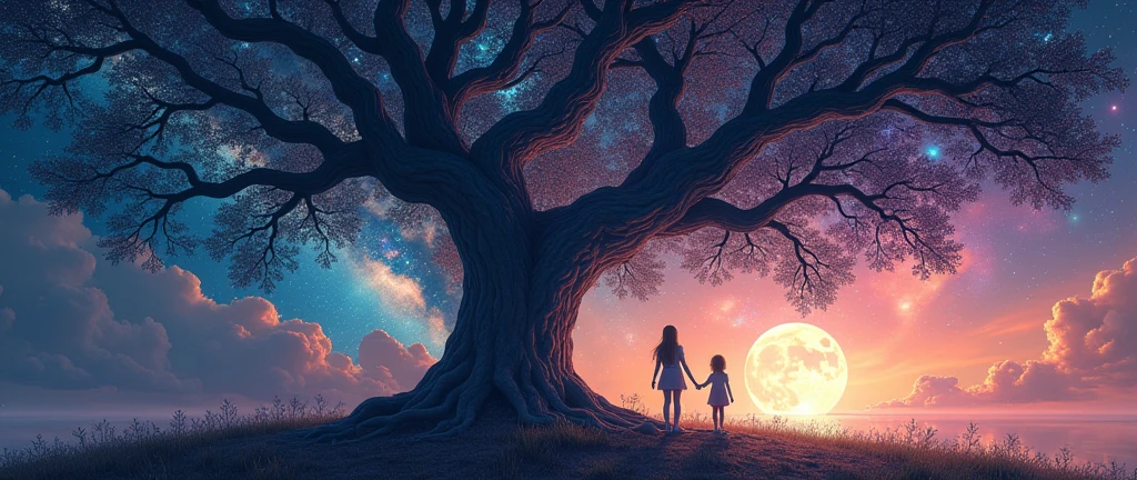 Giant tree with many large, spreading branches, multicolored background with galactic atmosphere colorful nebulae and stars huge moon two girls and one under the tree 