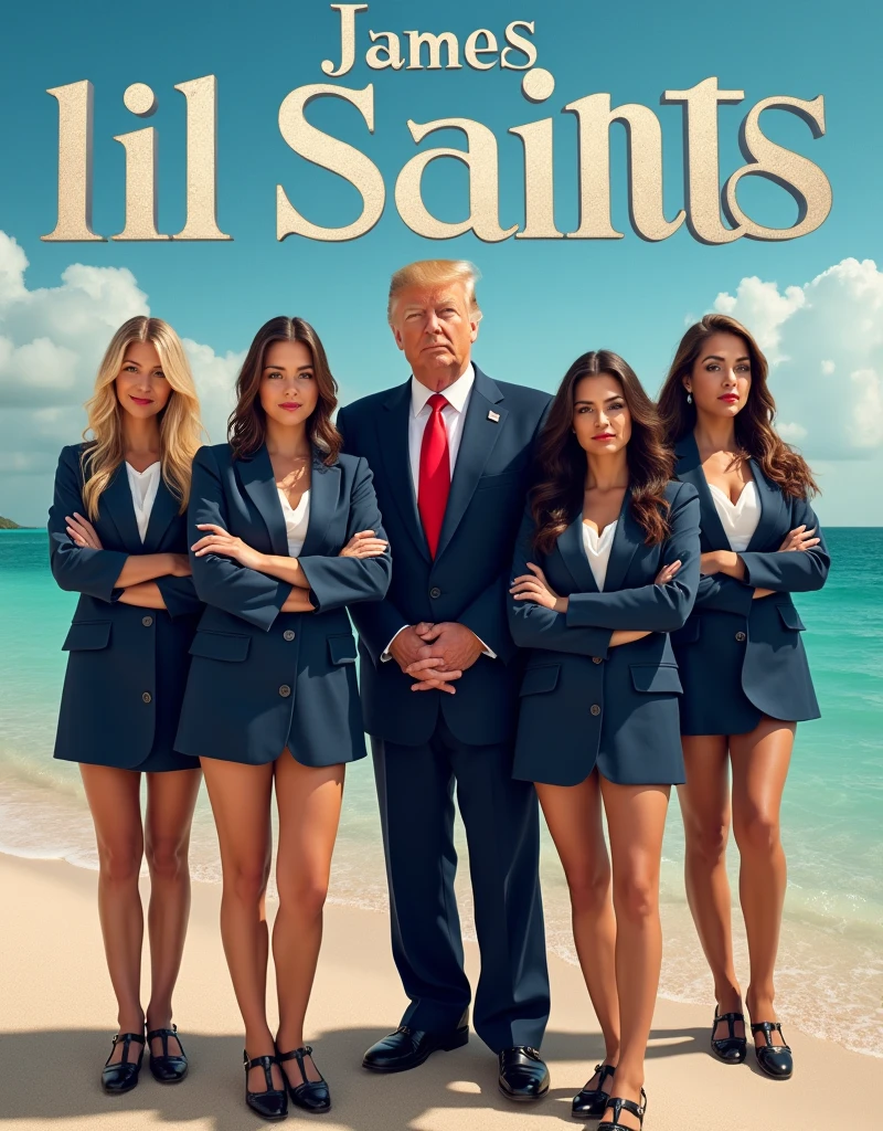((("James Lil Saints" text logo))), movie poster featuring Donald Trump and a bunch of sexy scantily clad mature adult women school uniform. Ocean Island background