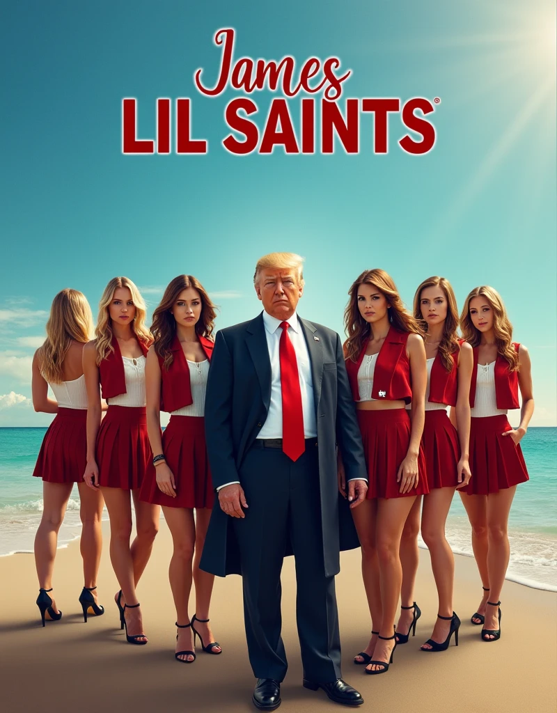 ((("James Lil Saints" text logo))), movie poster featuring Donald Trump and a bunch of sexy scantily clad mature adult women school uniform. Ocean Island background
