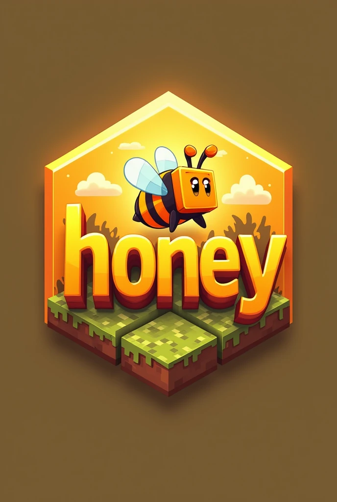 A emblem written "Honey'', with orange-yellow color minecraft theme with a minecraft bee