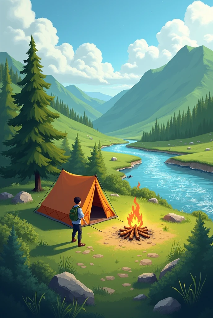 Realistic illustration of a camp with a tent in a valley , in a field with vegetation and grass where you can see on the right side a part of a large river with stones and molle trees, Sauces, alder etc around, with green hills and a young man from the Pathfinders Club of the Seventh-day Adventist Church, and a bonfire on the side