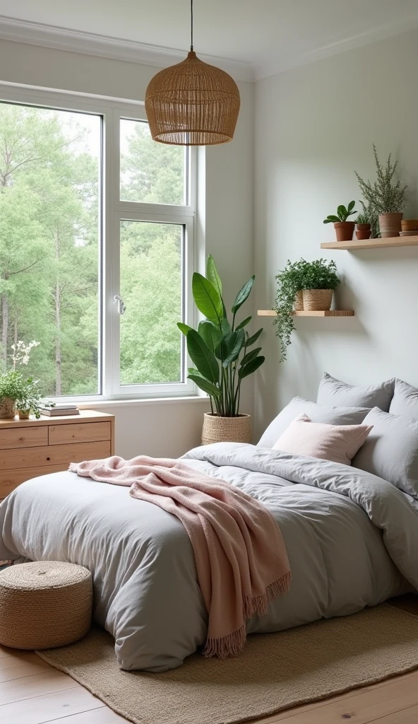 A Scandinavian-style bedroom with a minimalist design, featuring large windows that frame a peaceful view of a lush green forest. The bed is simple and low to the ground, with light gray bedding and a few textured throw blankets in soft pastels. The room is accented with light oak furniture, including a small dresser and floating shelves that display potted plants and minimalist decor. A woven rug adds warmth to the light wood floors, and a single pendant lamp with a natural wicker shade provides soft lighting. The overall palette is neutral with hints of green, creating a fresh and serene environment.
