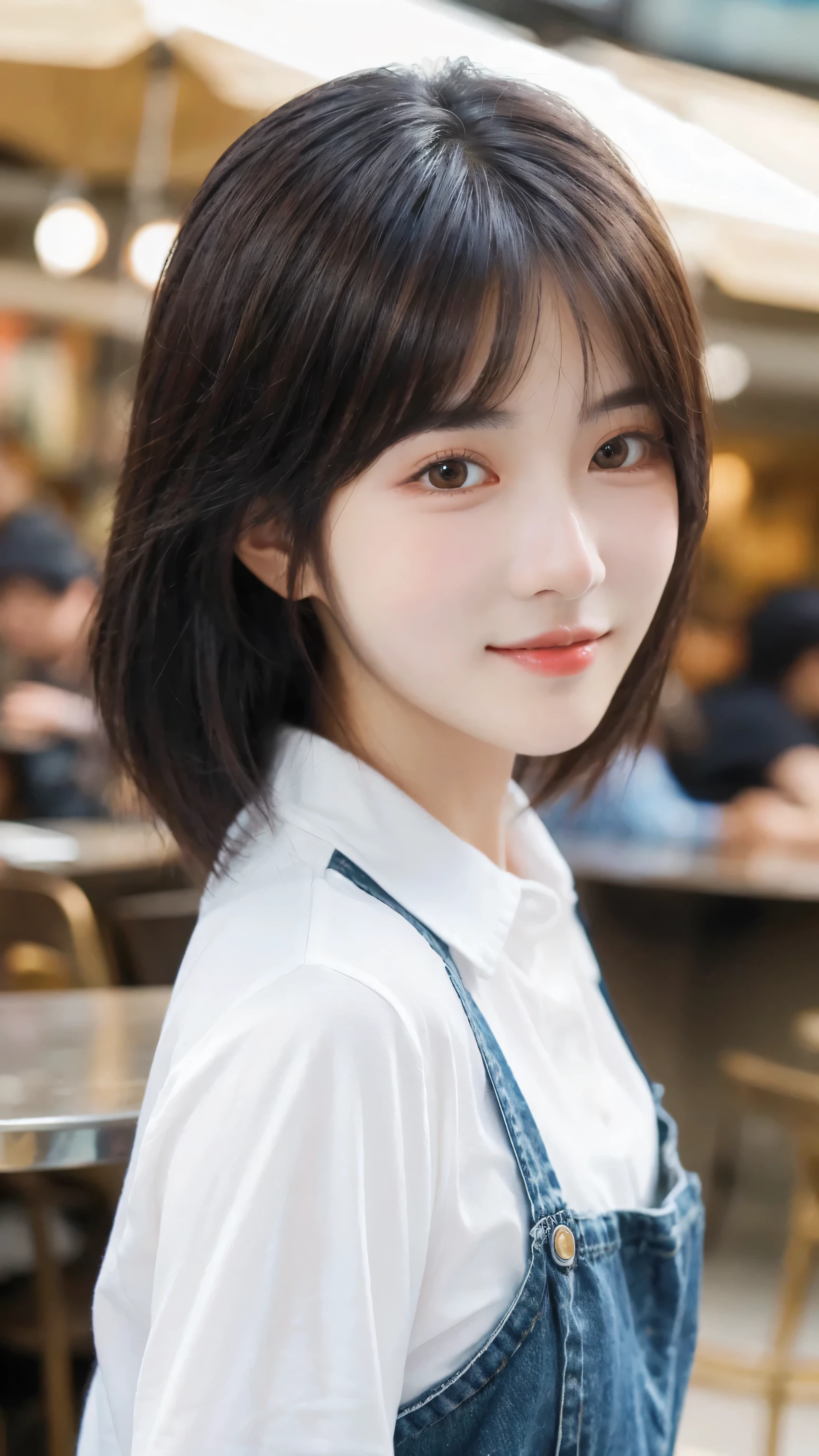 (8k, RAW Photo, Best Quality, Masterpiece:1.2), table top, Ultra Detail, Super Resolution, (Realistic, Realistic Photo:1.37), Portrait, High Detail RAW Color Photo, Professional Photo, Extremely Detailed and Beautiful, Extremely detailed, 8k wallpaper, amazing and detailed, huge file size, official art, highly detailed CG unity 8k wallpaper, highly detailed beautiful girl, highly detailed face, highly detailed eyes, highly detailed skin, highly detailed fingers, highly detailed nose, very detailed detailed mouth , perfect anatomy, highly detailed background, highly detailed clothes, 1girl, 1 girl, cute girl, realistic body, fair skin, glowing skin , slim body, handsome body, black hair , semilong hair, (blunt bangs:1.2), smile, cute, youthful, cute face, realistic face, delicate eyes, drooping eyes, looking at viewer, facing front, standing posture, Contraposto, (medium chest), (Perfect Body Proportions), (slender Body Proportions), super sexy pose, (white shirt), (jeans pants), (authentic bar),