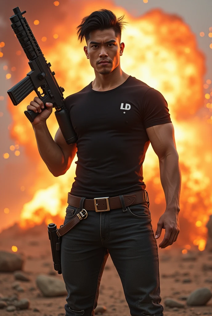 create ultra high resolution photos in realistic style Transformation of a handsome young man from Indonesia,clean and white face, K-Pop style black hair , badan muscle,He was wearing a tight black shirt with text written on it. "LD"small logo, wearing black jeans and brown sports shoes. Express confidence and enthusiasm,Sharp eye gaze,he stood holding a large gun,his weapon is the size of a car, explosion background, api, fire, realistic