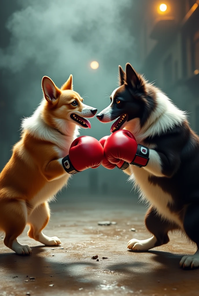 A dynamic scene featuring a corgi dog and a robust chocolate brown border collie engaged in an intense boxing match. The corgi, with its playful demeanor, contrasts against the muscular border collie, whose powerful frame is accentuated by oversized boxing gloves on its front paws. Both dogs exhibit scruffy, intricately detailed fur that captures the essence of their breeds. The atmosphere is charged with energy, highlighted by cinematic lighting that casts dramatic shadows and creates a smokey ambiance.
The vibrant colors pop against a gritty urban backdrop, enhancing the sense of action and excitement. Depth of field draws the viewer's eye to the focal point of the match, while the overall composition conveys a sense of movement and intensity. This masterpiece is rendered in stunning 8K resolution, achieving hyper-realistic and photorealistic qualities that immerse the audience in this captivating moment.