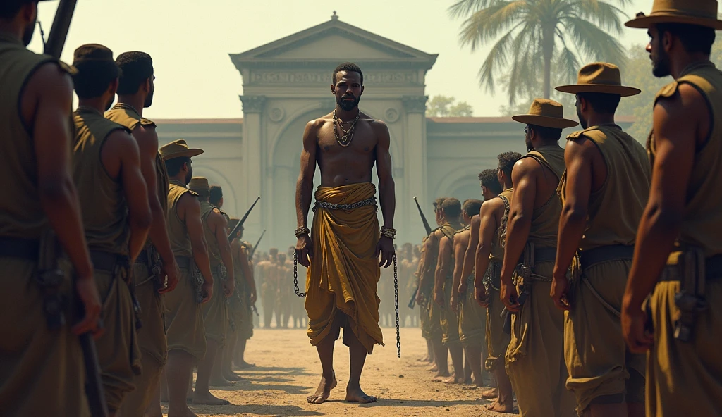Birsa’s Arrest and Martyrdom**
   - Birsa is being arrested by British soldiers in a dramatic scene. He is bound in chains but stands tall and defiant, showing no fear. The background depicts a somber mood with his followers looking on with sorrow and respect. This scene could be set outside a British jail, symbolizing the end of his physical struggle but not his spirit