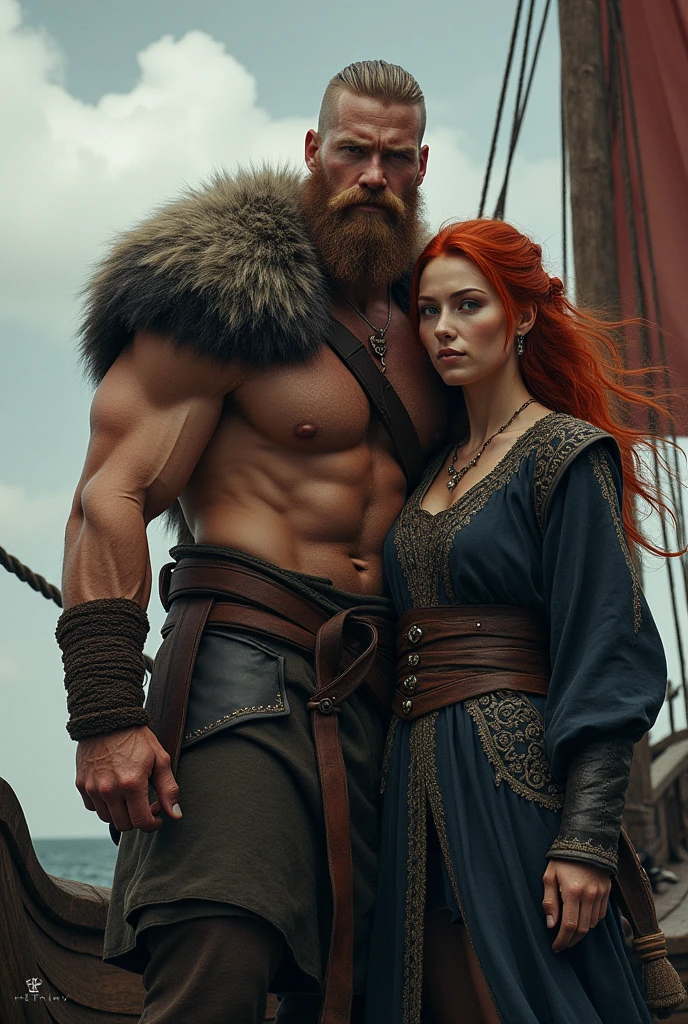 male 2, Cao Cao , viking estilo Ragnar lodbrok corpo musculoso, next to him a red-haired woman with a Viking hairstyle,peasant.

They are on a Viking ship