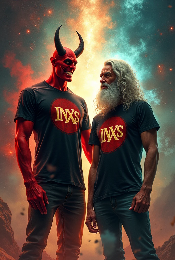 The devil and god with shirts that say INXS