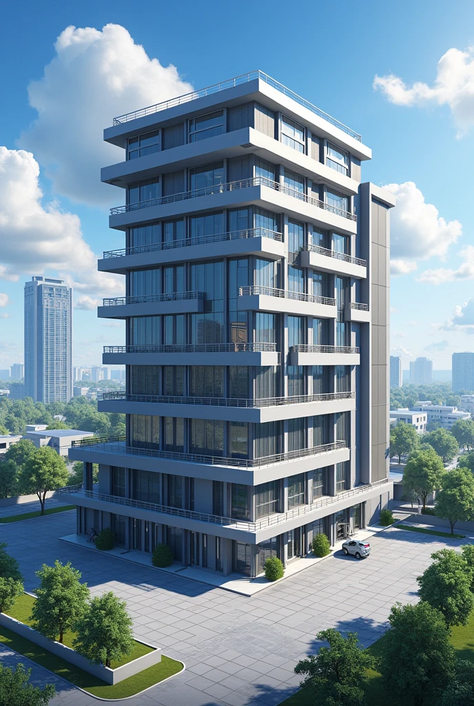Create a building with 4 floors and a large parking lot with light. Also add a guardhouse and name the building Cifra Maestra. Also add a dining room and some bathrooms next to it.