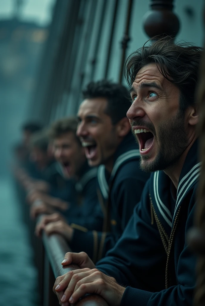 Show close-up shots of a group of sailors on a ship, their faces frozen in expressions of absolute terror. Their eyes are wide open, mouths slightly agape, and brows furrowed, capturing a moment of intense fear. Some crew members should have their hands gripping the ship's railings or walls, showing they are trying to hold on or protect themselves from an unseen threat. The background is dimly lit, with shadows casting eerie shapes, and a faint mist surrounds them, adding to the sense of fear and mystery. The scene should convey a feeling of panic and dread, as if the crew is witnessing something horrifying.