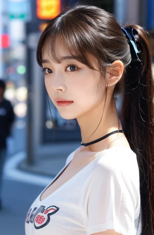 最高qualityのディテール:1.2, Realistic, 8K Ultra HD, High resolution, One Girl:1.2, The 超detailedな, 高qualityのテクスチャ, Intricate details, detailed, 非常にdetailedなCG, 高qualityの影, detailed 美しく繊細な顔, detailed 美しく繊細な目, Depth of written boundary, Ray Tracing, 20th Generation, Cute K-Pop Girls, The Face of Ulzan in Korea:1.1, Narrow Face, Urzan-6500-v1.1:0.6, Pure Eros Face_v1, Glow Eyes, cheek, Glossy Lips, Perfect body, choker、Cleavage、 Brown Hair、ponytail:1.1, street, particle, View the viewer, Photorealistic:1.4, 超detailedな, Photo Real, 4K 8K Ultra HD Full Color RAW Photos, Fujifilm(Medium format:1.2), Hasselblad:1.2, Carl Zeiss:1.1, Incredible dynamic range photography(utility_art：Smoose-768:1.1), High resolution, High pixel count, 明確なdetailed, Clear images, Natural color reproduction, Noise Reduction, High fidelity, quality, Software Improvements, Upscaling, Optimized Algorithms, Professional-level retouching、((Shibuya Ward, Tokyo))、On the way to shopping、((Stylish and Design-Forward Clothing))、Graphic T-shirts: artとロゴ、アニメキャラクターがプリントされたGraphic T-shirtsが流行.、Use for unique styling