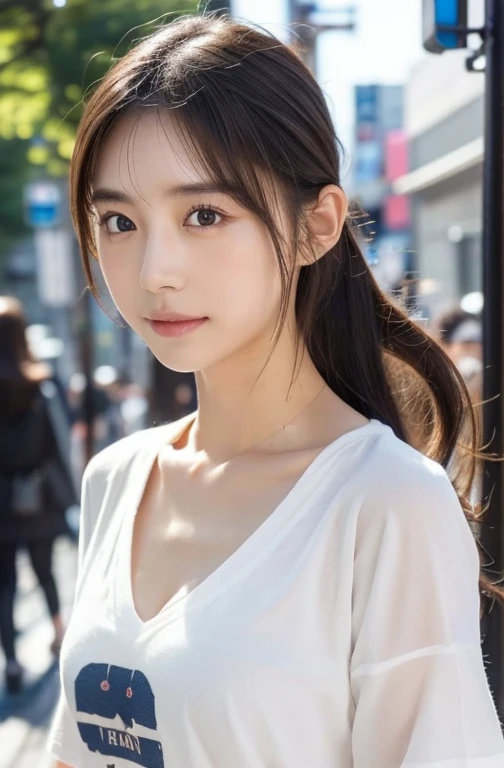 最高qualityのディテール:1.2, Realistic, 8K Ultra HD, High resolution, One Girl:1.2, The 超detailedな, 高qualityのテクスチャ, Intricate details, detailed, 非常にdetailedなCG, 高qualityの影, detailed 美しく繊細な顔, detailed 美しく繊細な目, Depth of written boundary, Ray Tracing, 20th Generation, Cute K-Pop Girls, The Face of Ulzan in Korea:1.1, Narrow Face, Urzan-6500-v1.1:0.6, Pure Eros Face_v1, Glow Eyes, cheek, Glossy Lips, Perfect body, choker、Cleavage、 Brown Hair、ponytail:1.1, street, particle, View the viewer, Photorealistic:1.4, 超detailedな, Photo Real, 4K 8K Ultra HD Full Color RAW Photos, Fujifilm(Medium format:1.2), Hasselblad:1.2, Carl Zeiss:1.1, Incredible dynamic range photography(utility_art:Smoose-768:1.1), High resolution, High pixel count, 明確なdetailed, Clear images, Natural color reproduction, Noise Reduction, High fidelity, quality, Software Improvements, Upscaling, Optimized Algorithms, Professional-level retouching、((Shibuya Ward, Tokyo))、On the way to shopping、((Stylish and Design-Forward Clothing))、Graphic T-shirts: artとロゴ、アニメキャラクターがプリントされたGraphic T-shirtsが流行.、Use for unique styling
