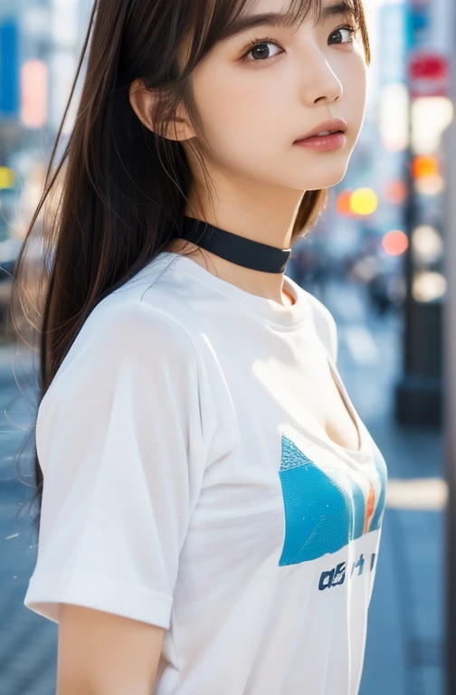 最高qualityのディテール:1.2, Realistic, 8K Ultra HD, High resolution, One Girl:1.2, The 超detailedな, 高qualityのテクスチャ, Intricate details, detailed, 非常にdetailedなCG, 高qualityの影, detailed 美しく繊細な顔, detailed 美しく繊細な目, Depth of written boundary, Ray Tracing, 20th Generation, Cute K-Pop Girls, The Face of Ulzan in Korea:1.1, Narrow Face, Urzan-6500-v1.1:0.6, Pure Eros Face_v1, Glow Eyes, cheek, Glossy Lips, Perfect body, choker、Cleavage、 Brown Hair、ponytail:1.1, street, particle, View the viewer, Photorealistic:1.4, 超detailedな, Photo Real, 4K 8K Ultra HD Full Color RAW Photos, Fujifilm(Medium format:1.2), Hasselblad:1.2, Carl Zeiss:1.1, Incredible dynamic range photography(utility_art:Smoose-768:1.1), High resolution, High pixel count, 明確なdetailed, Clear images, Natural color reproduction, Noise Reduction, High fidelity, quality, Software Improvements, Upscaling, Optimized Algorithms, Professional-level retouching、((Shibuya Ward, Tokyo))、On the way to shopping、((Stylish and Design-Forward Clothing))、Graphic T-shirts: artとロゴ、アニメキャラクターがプリントされたGraphic T-shirtsが流行.、Use for unique styling