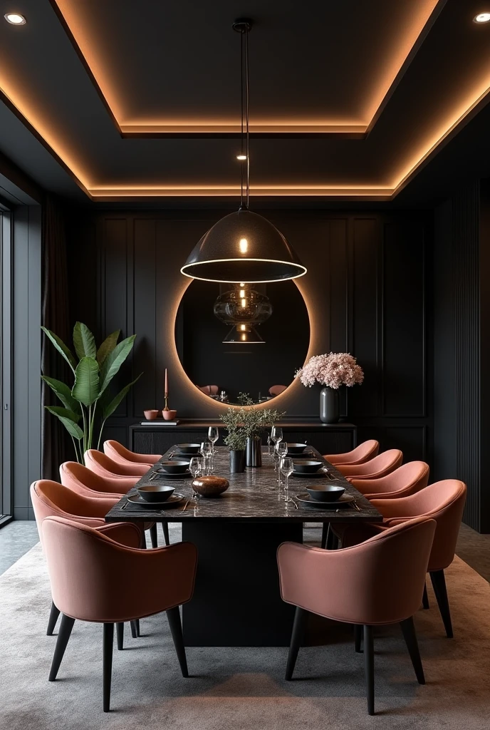 Professional 3d architecture rendering design of modern and minimal  dining room with dark  mink colour  modern velvet  8 chairs and black  stone marble table  modern  and modern ceiling lighting and elegant ceiling lighting and dark wooden consulate  with elegant mirror elegant  and modern ceiling lighting and elegant wall painting  and elegant accessories 