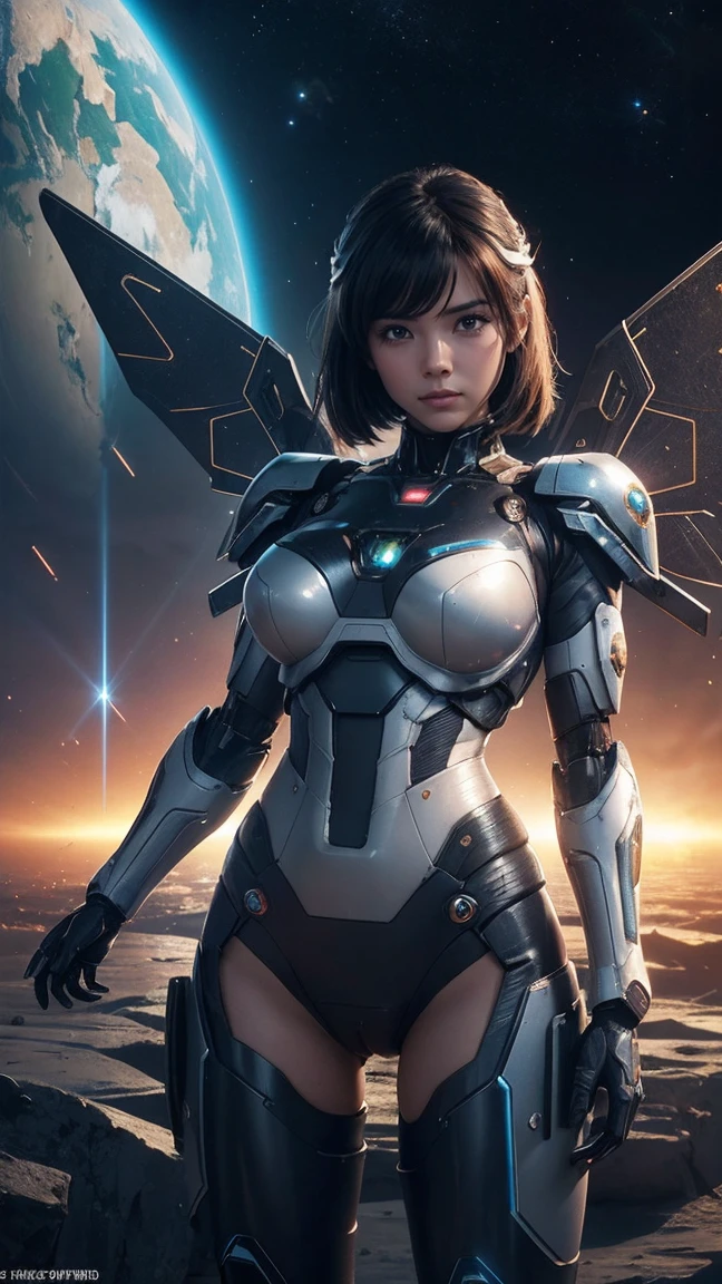 Photographic realism,((Highest quality)), ((Iron Girl masterpiece)), (Very detailed:1.3), 3d, beautiful, (cyber punk:1.2), in space, vague, Holding_arm, laser, (1女の子Mecha:1.3), Sexy Body, To the audience, bright blue eye, whole body, Black Hair, (Flight, descending order, dynamic, Motion Blur: 1.4), (Huge Core Wing: 1.6), look up, Shine_eye, Mecha, Panorama, The background is the earth,  nebula, space, particle, reality, High resolution (high dynamic range), Ray Tracing, Super Resolution,Real, Scattered beneath the surface of the water, PBR Textures, Post-processing, Anisotropic Filtering, Written boundary depth, Maximum clarity and sharpness, Multilayer Texture, Albedo and Specular Maps, Surface Shading, Accurate simulation of light-matter interactions, Perfect Proportions, Octane Rendering, Two-tone lighting, Large diameter, Low ISO,  White balance, Three-part method, 8K RAW, Efficient Subpixel, Subpixel Volume, (Highest quality), (Japanese: 0.5),  Short Bob, (beautiful胸: 1.2) Attack on the chest (((Camel Toe)))