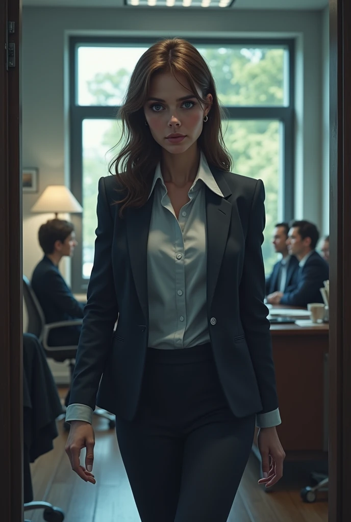 Sara gets up and walks out of the office room while everyone else continues talking.. In your face, a mixture of resignation and sadness