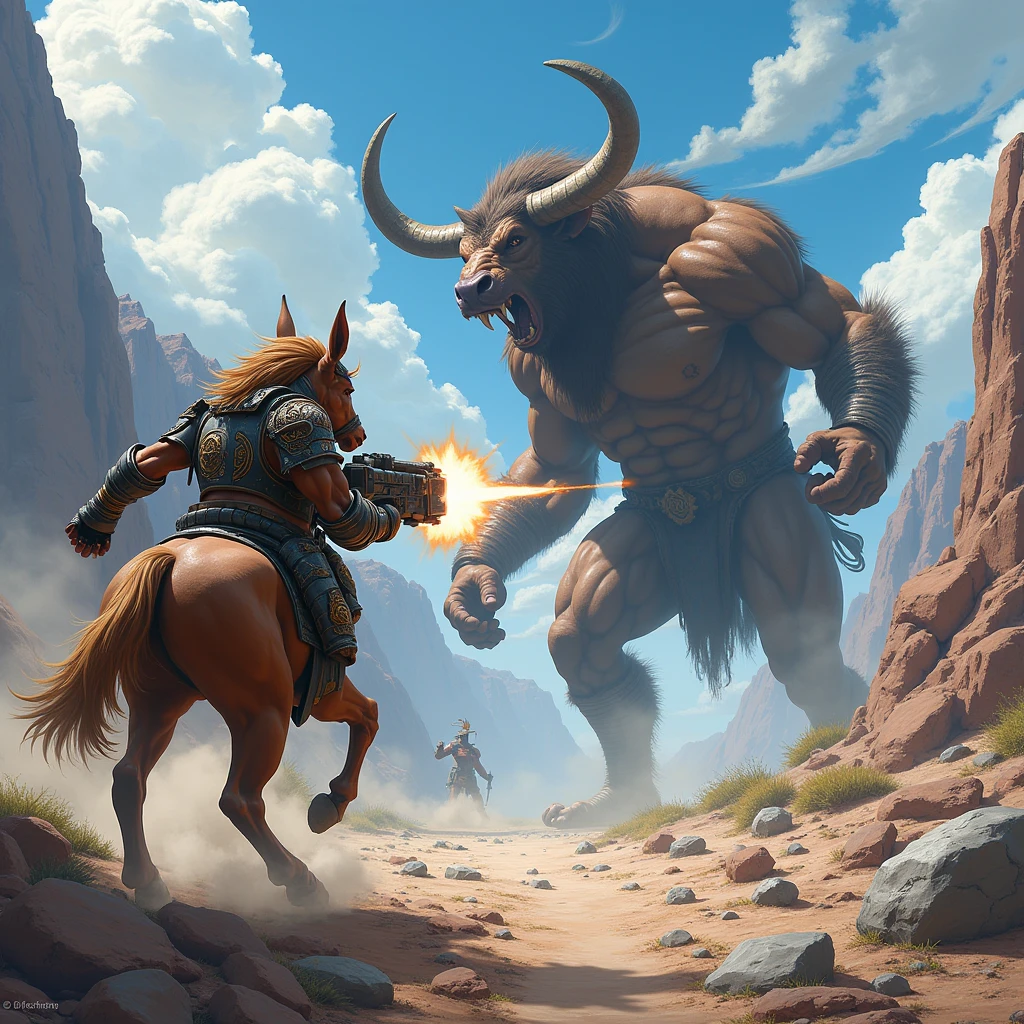 Anime Style, A centaur is fighting a giant minotaur in the back., A centaur aiming a rocket launcher at a minotaur, M202 Rocket Launcher, Flying rockets, Back view