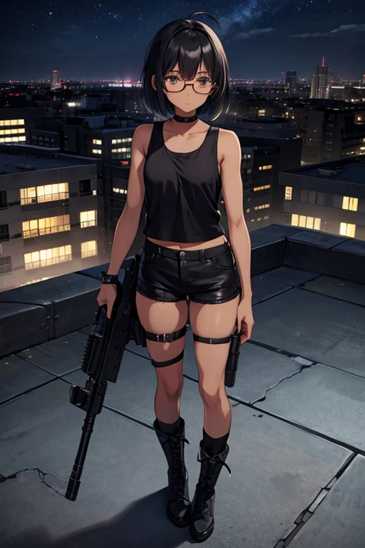 Anime Art、Full body portrait、Abandoned building rooftop at night、Sniper、A dark-skinned woman, about 1, about 155cm tall, wearing a black tank top and black shorts, carrying an old rifle、Glasses、headset、Hairstyle: Short bob、Black Hair、Weak look、Dark Eyes、boots、Black Stockings、Flat chest