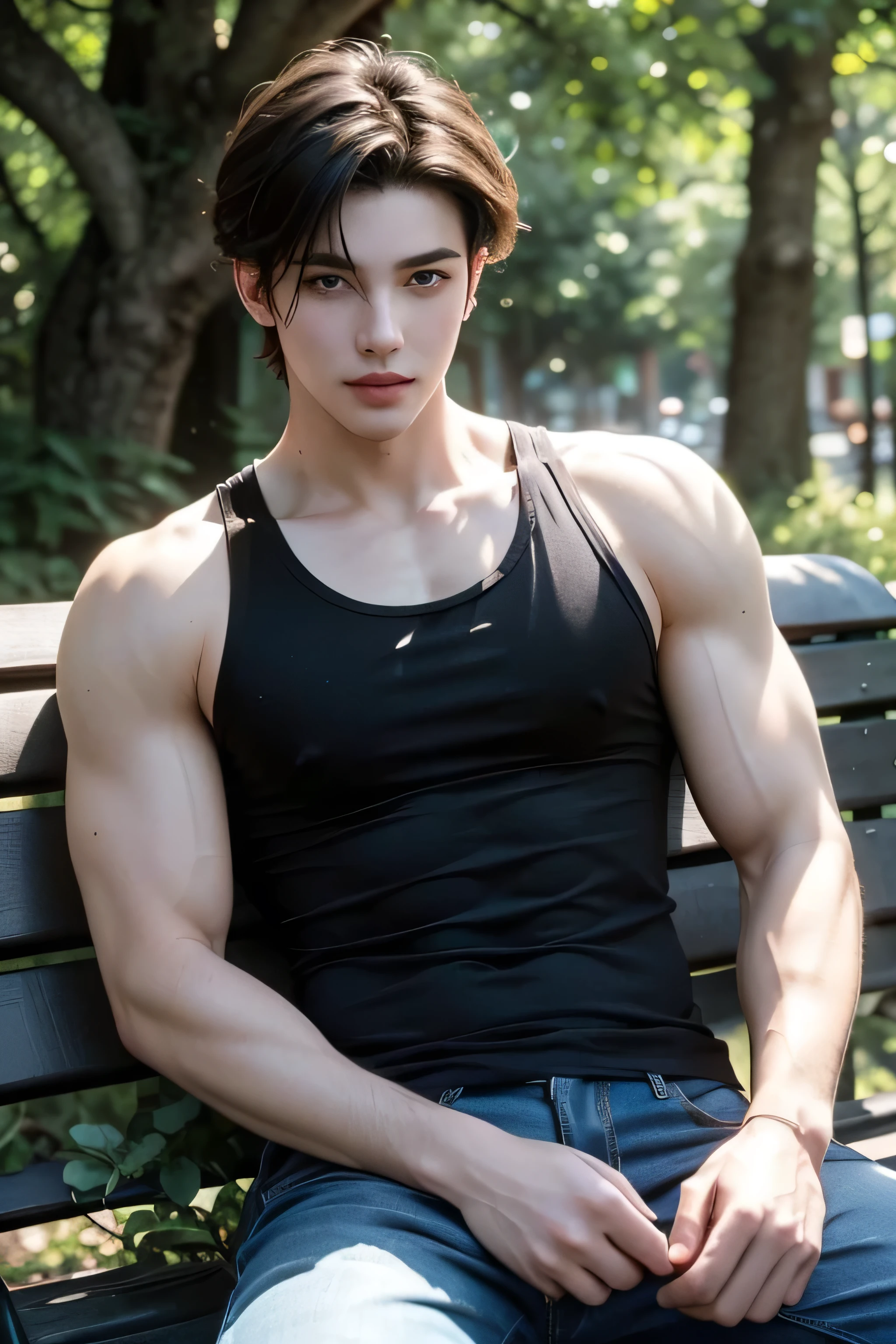 Cinematic composition of a young, handsome man in his 20s with a comma hairstyle men, perfect muscular physique and glowing skin, wearing a black tank top and black jeans. He is sitting on a park bench surrounded by greenery, with dappled sunlight filtering through the trees, creating a serene and calm atmosphere, trending on ArtStation.