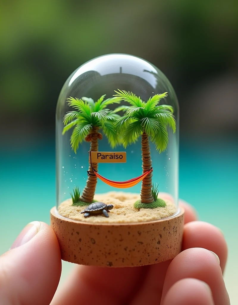 Photorealistic, 8k, Micro Tiny beach with palm trees and sign "Paraiso" trapped inside a small glass dome, hammock between perched on a human finger. The dome is cylindrical with a rounded top, resembling a tiny glass display case. The base is made of cork, which is noticeably thicker than the glass part and fits snugly, sealing the character inside. In the background fire particles. High detailed. Water of the beach light blue into the small glass dome, under the water turtle and clown fish, vivid colors, vibrant colors. ultra realistic, masterpiece