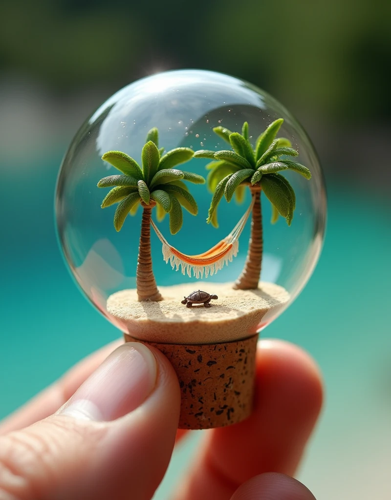 Photorealistic, 8k, Micro Tiny beach with palm trees and sign "Paraiso" trapped inside a small glass dome, hammock between perched on a human finger. The dome is cylindrical with a rounded top, resembling a tiny glass display case. The base is made of cork, which is noticeably thicker than the glass part and fits snugly, sealing the character inside. In the background fire particles. High detailed. Water of the beach light blue into the small glass dome, under the water turtle and clown fish, vivid colors, vibrant colors. ultra realistic, masterpiece