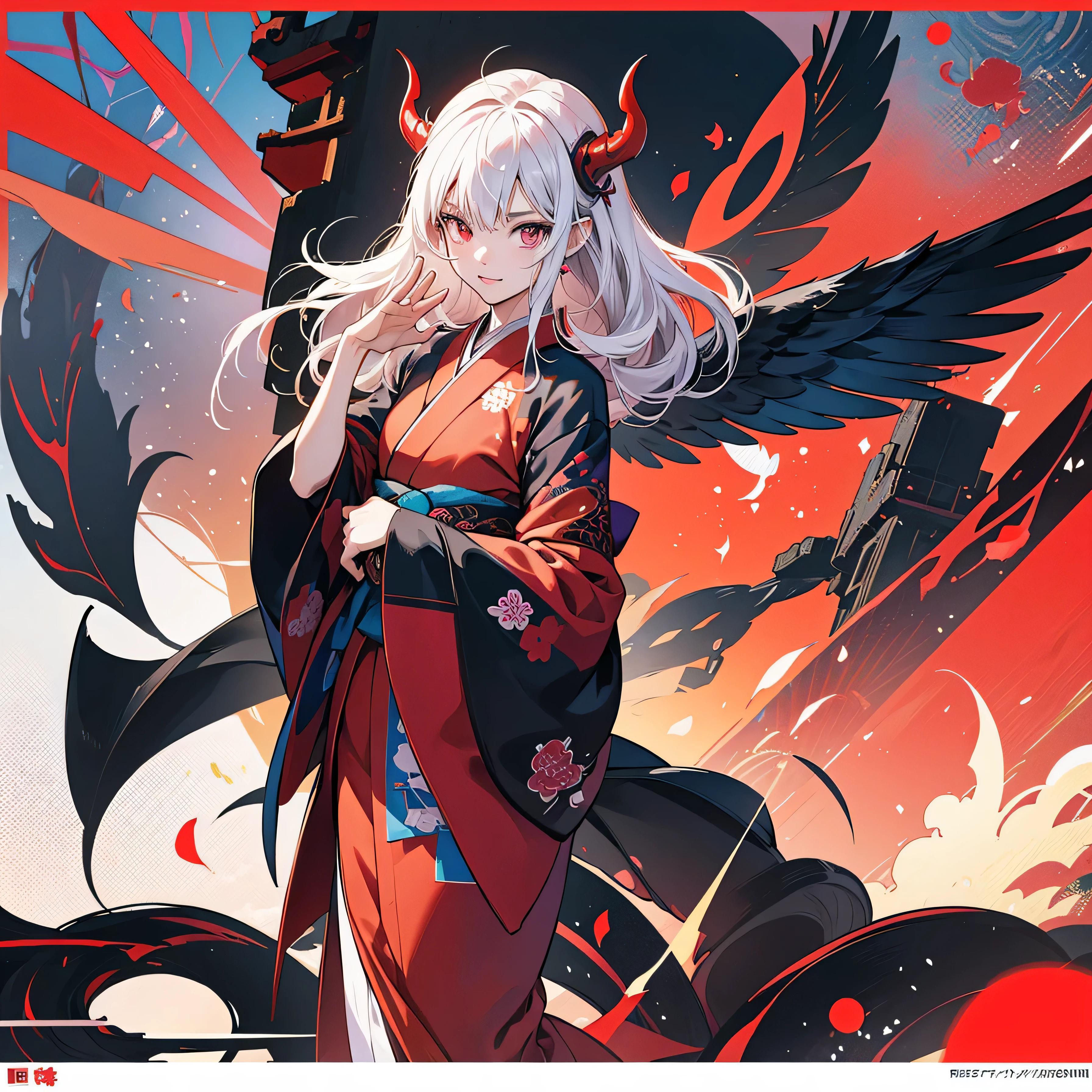 A vector art style, front view of an anime girl with traditional Japanese elements and cyberpunk design, red kimono, half devil half angel, hands in a prayer pose, multiple eyes on her head, she has wings behind her back, the background is a temple with a red and blue color theme, a colorful pop art illustration in the style of cool, a highly detailed, clean, bold manga poster, a 2D, flat, symmetrical composition. --ar 3:4 --niji 6