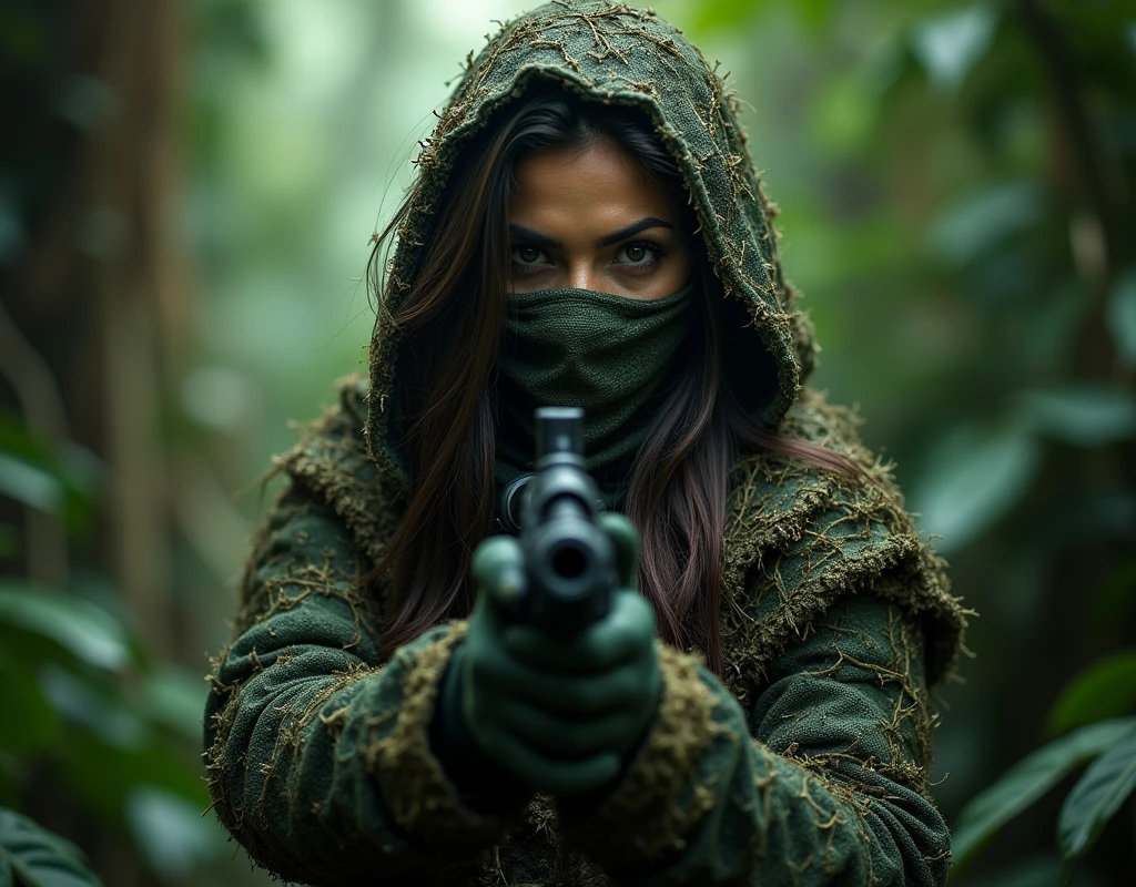 Aishwarya Rai as sniper, wearing wearing full ghillie suit, wearing full face scarf, wearing gloves, in jungle area, full body view, taking human shield,