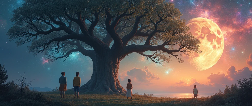 Giant tree with many large, spreading branches, multicolored background with galactic atmosphere colorful nebulae and stars huge moon three children playing 