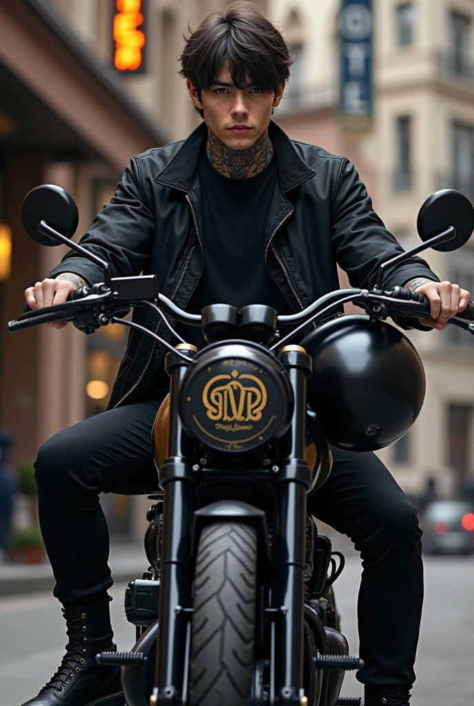 a boy driving his black bike, in front of a hotel holding his black helmet in his hand, the boy is wearing black Jacket and black T-shirt and black pants and black ankle length boots, and his one arm is full of tattoos and on the left side of the helmet, there's a beautiful and small sign engraved in Golden colour, which is made up with initial 'N' and 'D'. the boy is handsome, and has a half hair's pony, a realistic image.