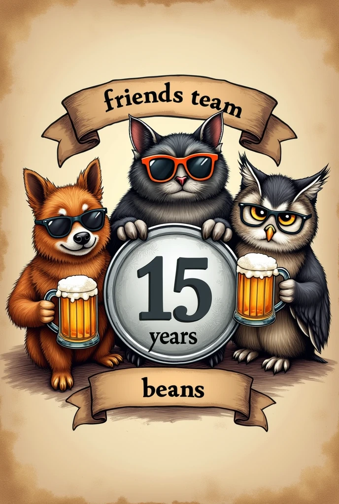 Create a logo with animals with glasses of beer in their hands and a silver coin in the center with the phrase "15 years" , a papyrus sign at the top that says "Friends team" , another lower sign that says "beans" , you can make them less childish, follow the instructions in detail