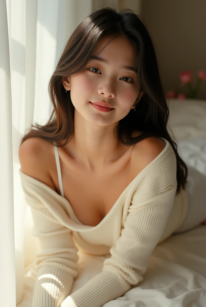Prompt
candid shot , looking at viewer, Girl , with long dark straight hair, wearing white cleavage off-shoulder sweater, on a bed in a sunlit bedroom , studio light filters , creates a clean, minimalist look, relaxing, happy , sunlight , white skirt,