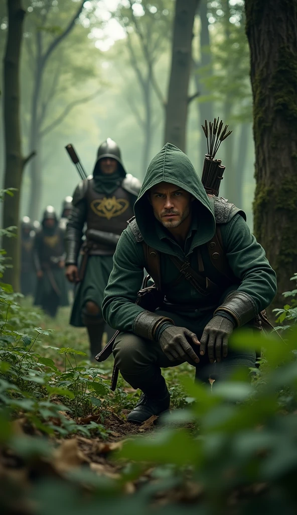 Close-up shot, Low angle shot, (Robin Hood, crouched low in the dense underbrush of Sherwood Forest, his eyes scanning the surroundings with sharp intelligence. His Merry Men, dressed in similar forest attire, are hidden among the trees, ready to strike. The soldiers, dressed in shining armor with the Sheriff’s emblem on their chests, march through the forest, their faces tense and wary. The background is a thick, shadowy forest with towering trees and dappled sunlight, adding to the tension and suspense.) unreal engine, 35mm lens, cinematic, highly detailed, hyper-realistic, ultra-realistic HD --q 2 --v 6.1 --ar 9:16 Close-up shot, Low angle shot, (Robin Hood, crouched low in the dense underbrush of Sherwood Forest, his eyes scanning the surroundings with sharp intelligence. His Merry Men, dressed in similar forest attire, are hidden among the trees, ready to strike. The soldiers, dressed in shining armor with the Sheriff’s emblem on their chests, march through the forest, their faces tense and wary. The background is a thick, shadowy forest with towering trees and dappled sunlight, adding to the tension and suspense.) unreal engine, 35mm lens, cinematic, highly detailed, hyper-realistic, ultra-realistic HD --q 2 --v 6.1 --ar 9:16
