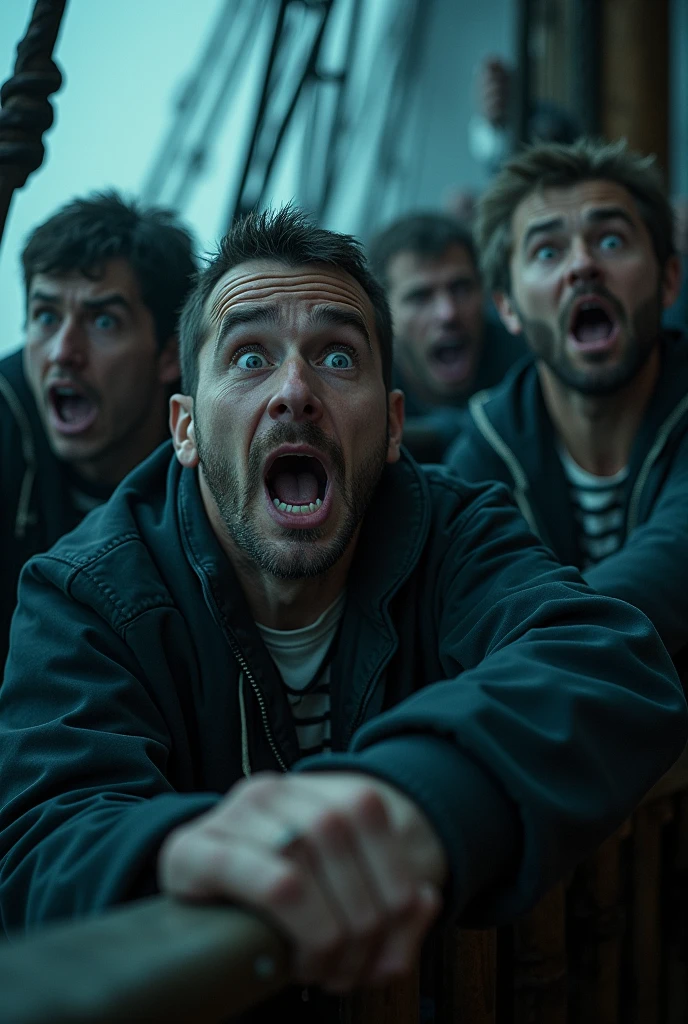 Show close-up shots of a group of sailors on a ship, their faces frozen in expressions of absolute terror. Their eyes are wide open, mouths slightly agape, and brows furrowed, capturing a moment of intense fear. Some crew members should have their hands gripping the ship's railings or walls, showing they are trying to hold on or protect themselves from an unseen threat. The background is dimly lit, with shadows casting eerie shapes, and a faint mist surrounds them, adding to the sense of fear and mystery. The scene should convey a feeling of panic and dread, as if the crew is witnessing something horrifying.