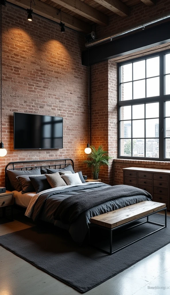 A stylish industrial loft bedroom with high ceilings, an exposed brick wall, and large windows overlooking an urban landscape. The room features a metal-framed bed with dark, charcoal bedding and an assortment of textured pillows. A reclaimed wood bench sits at the foot of the bed, adding warmth to the otherwise stark space. Industrial-style pendant lights hang from the ceiling, casting warm light that contrasts with the rough textures of the brick and metal. A large, flat-screen TV is mounted on the wall, above a vintage wooden console. A dark gray area rug anchors the room, softening the polished concrete floors and adding a touch of comfort.