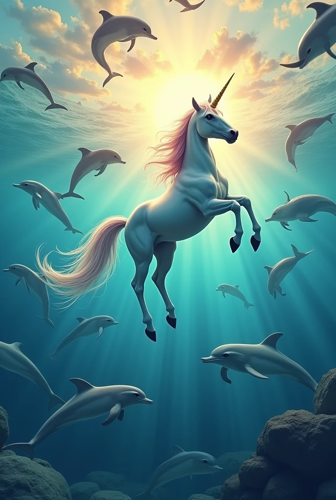 Unicorn flying without wings in the sea with colorful dolphins with many colors and with the sun