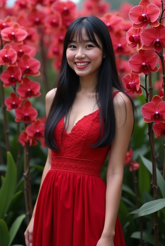 a beautiful Indonesian woman, smooth white skin, well-groomed face ,smile gracefully. Memakai jaket rajut ,red heart long dress,down to the ground,straight black hair with bottom fringe,white shoes,, posing standing smiling gracefully, full of charisma among the red orchid flowers, which is very amazing.seikat bunga mawar di tanganya, very beautiful orchid flower background looks very amazing. Realistic original photo.